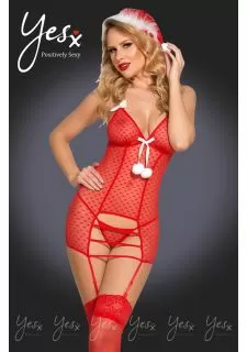 YesX YX946 4pc Red Chemise, Hat Thong & Stockings