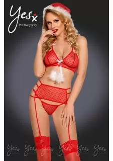 YesX YX945 5pc Red Hat, Bra, Garter, Thong & Stockings Set