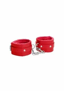 Ouch Plush Leather Handcuffs-Red